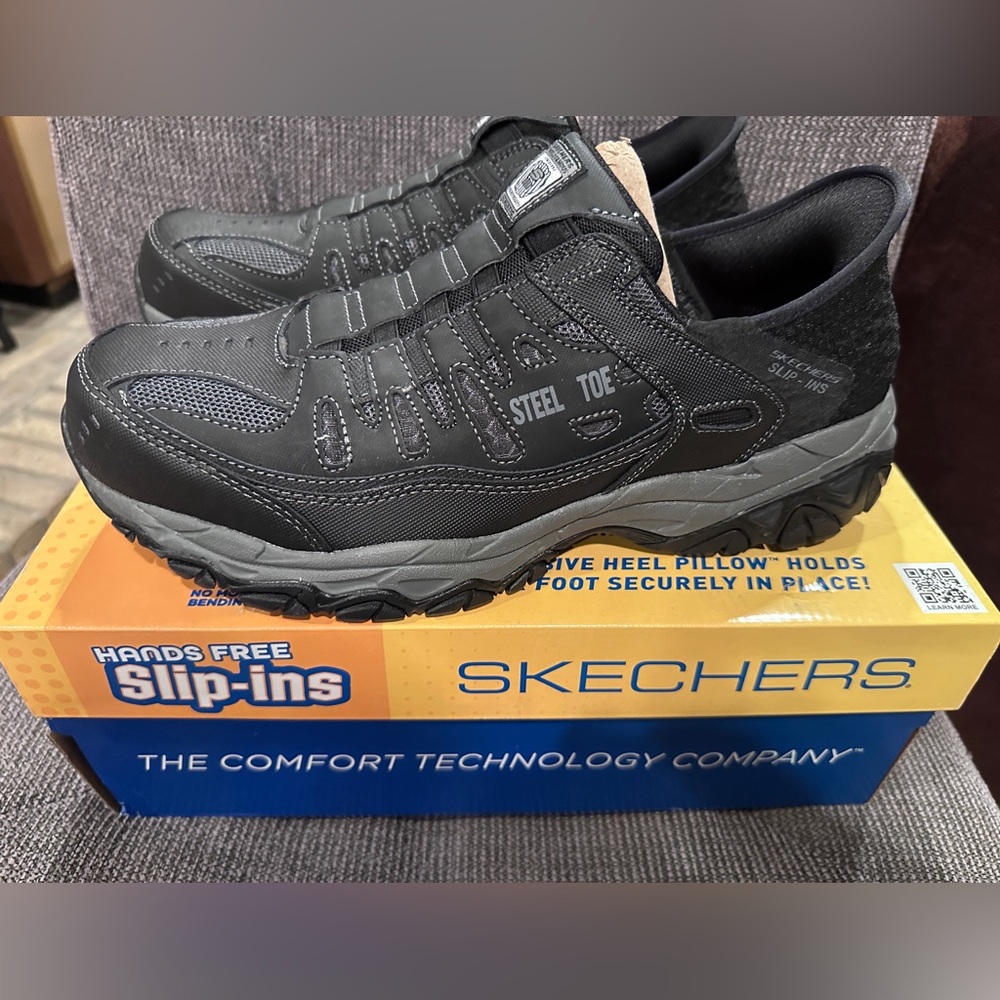 STEEl TOE Skechers Black Slip-On Shoes Mens Sizes 7, 9, 11.5, NEW in Box